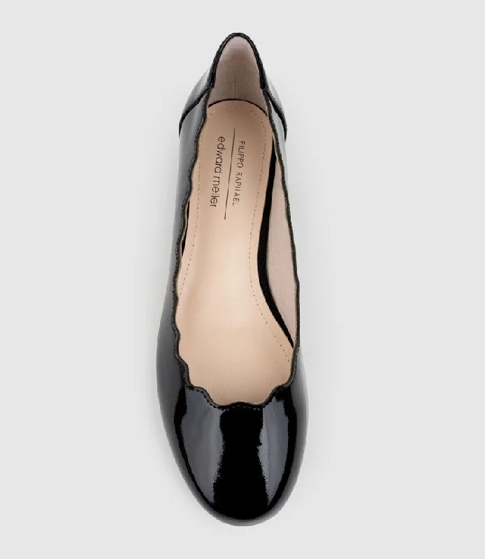 FARA Scalloped Ballet Flat in Black Patent