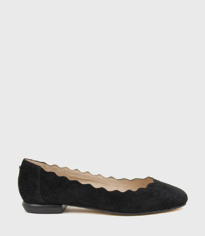 FARA Scalloped Ballet Flat in Black Suede