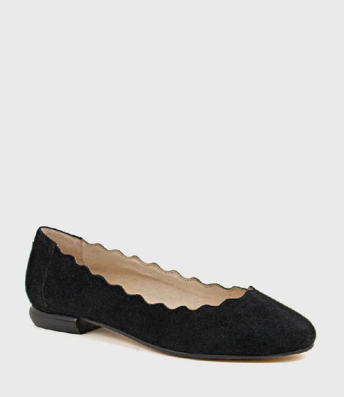 FARA Scalloped Ballet Flat in Black Suede