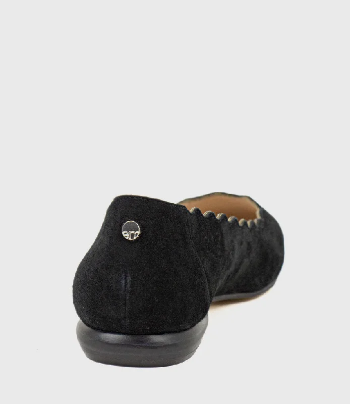 FARA Scalloped Ballet Flat in Black Suede