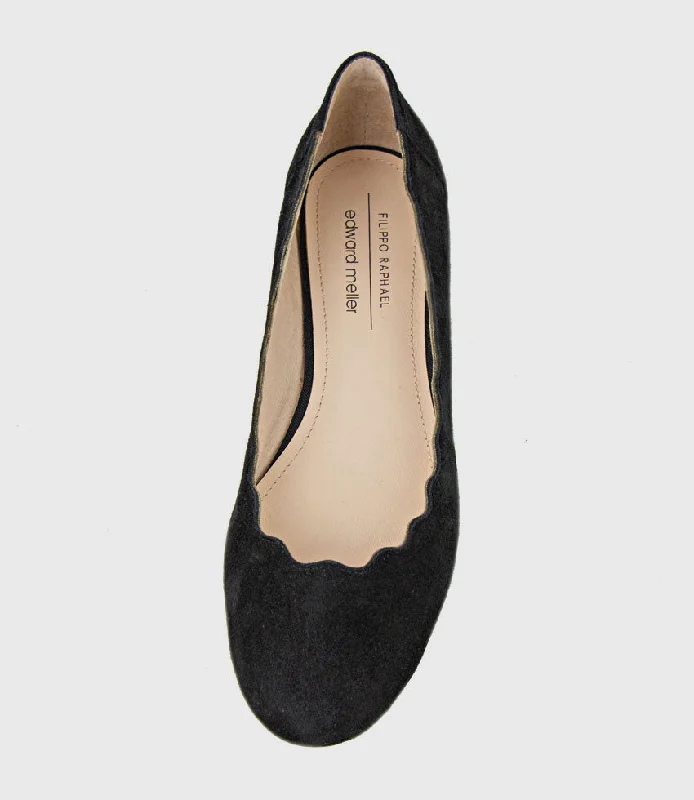 FARA Scalloped Ballet Flat in Black Suede