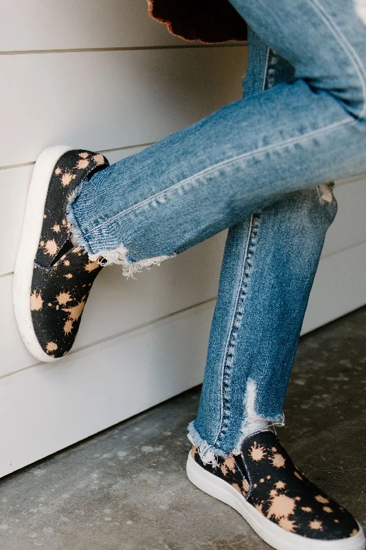 Splat, Crackle, Pop! - Black Slip- On Sneakers w/ Bleach Splatter Marks