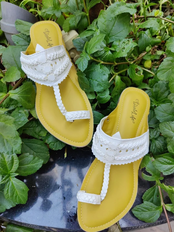 White & Yellow Faux Leather Kolhapuri