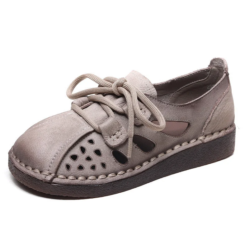 Women Retro Hollow Leather Soft Flat Casual Shoes