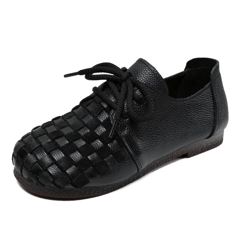 Women Retro Soft Plaited Leather Flat Casual Shoes