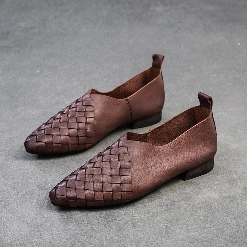 Women Retro Soft Plaited Leather Pointed-Toe Casual Shoes