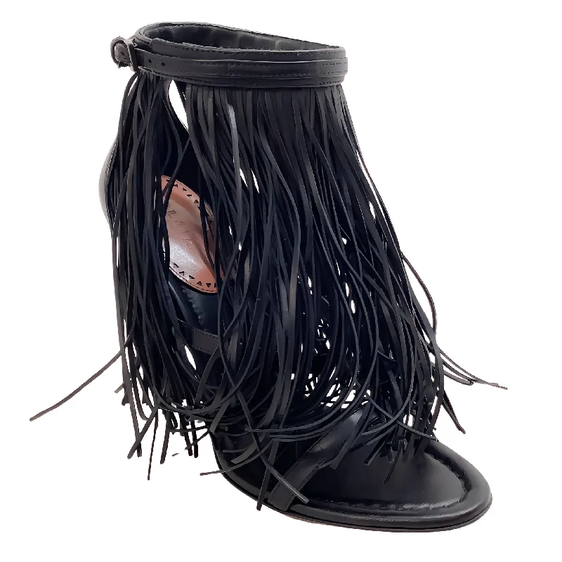 Alaia Black Leather Maxi Fringe Sandals with Ankle Strap