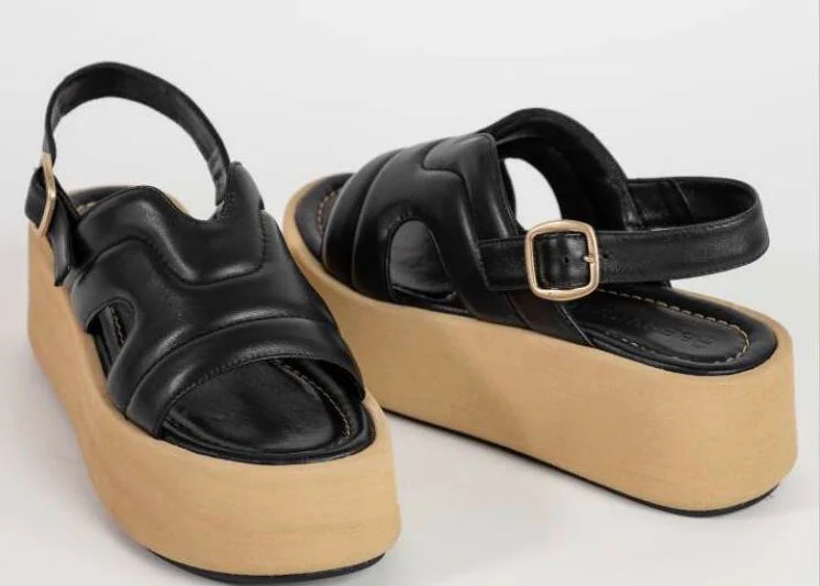 Black Leather Wedge Sandal