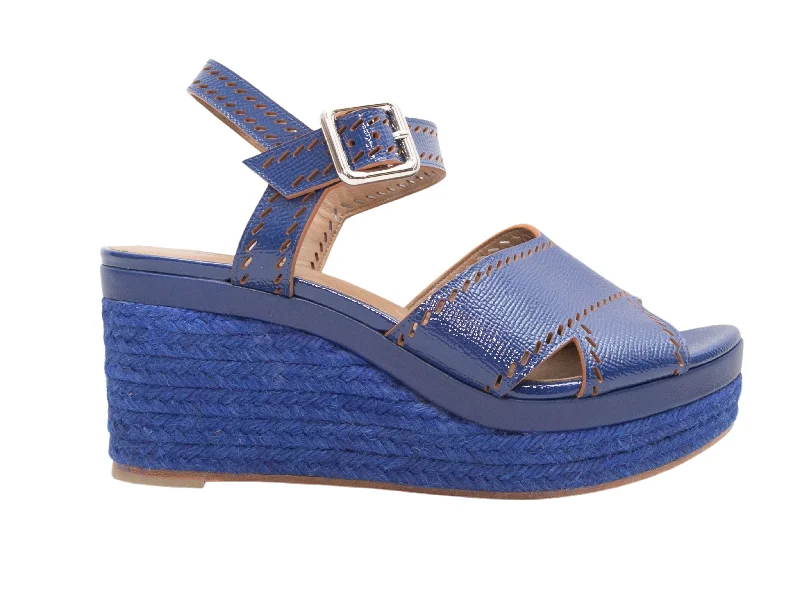 Blue Hermes Leather Espadrille Wedge Sandals Size 39