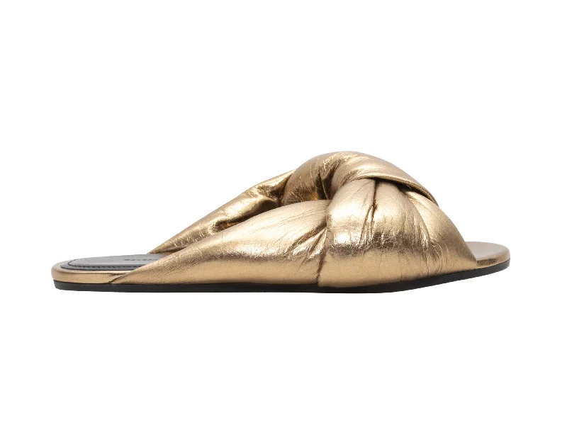 Gold Balenciaga Metallic Leather Puffy Knotted Slide Sandals Size 37