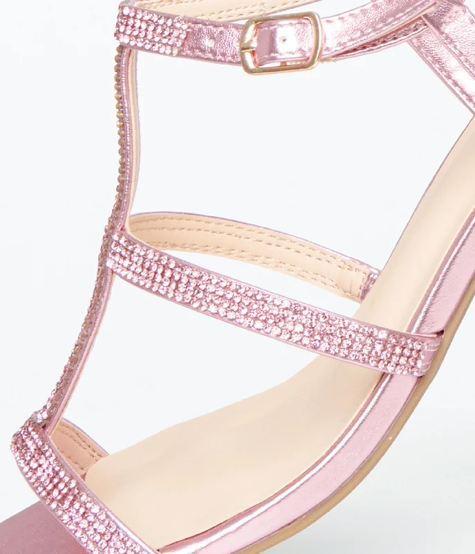 Pink Rhinestone Leatherette T-Strap Heels