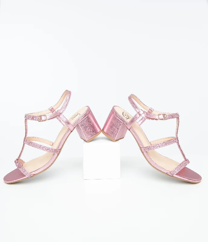 Pink Rhinestone Leatherette T-Strap Heels