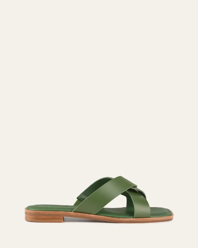 PIPER FLAT SLIDES MOSS GREEN LEATHER