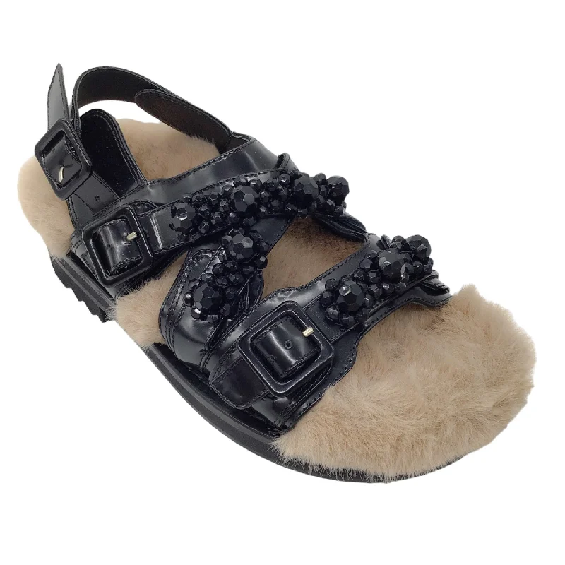 Simone Rocha Black / Nude Fur Trimmed Embellished Leather Sandals