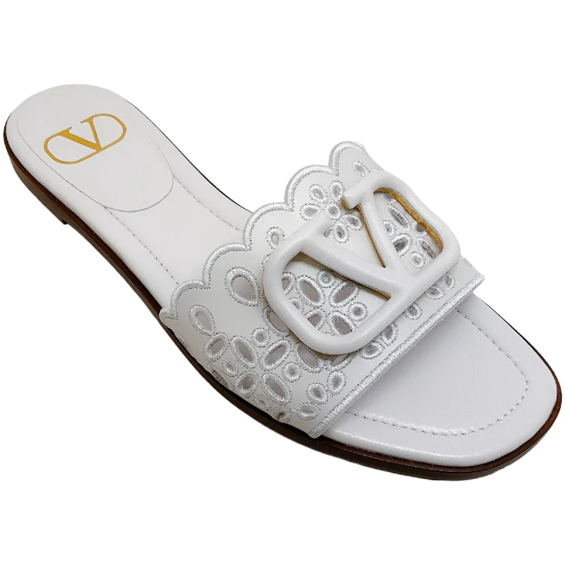 Valentino White Leather Eyelet Slide Sandals