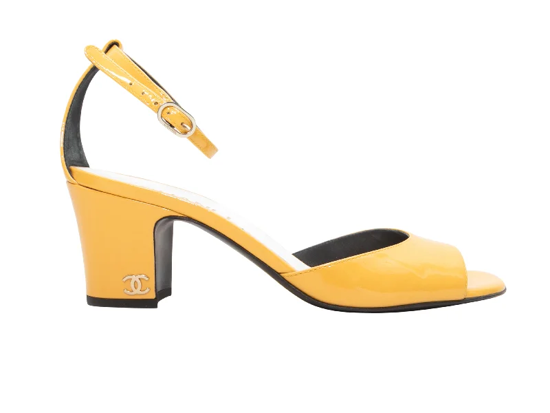 Yellow Chanel Patent Leather Ankle Strap Heeled Sandals Size 39