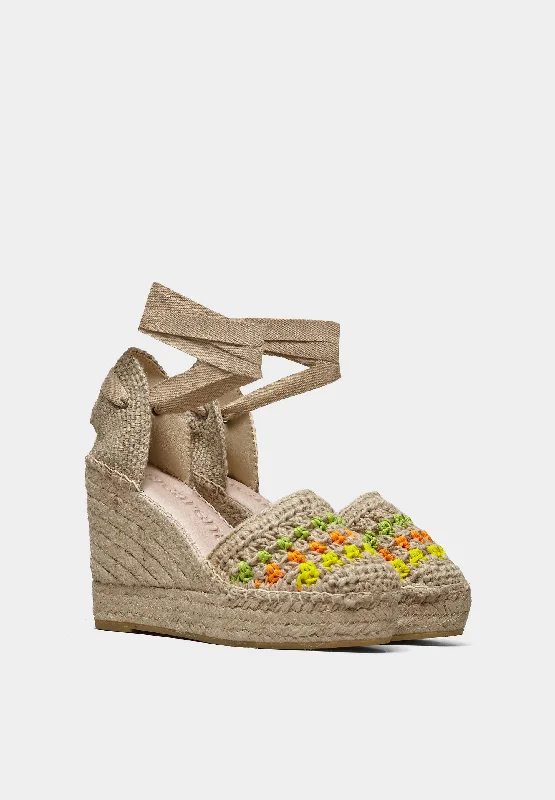 Alba High Ankle Tie Espadrilles Natural Flourescent Crochet