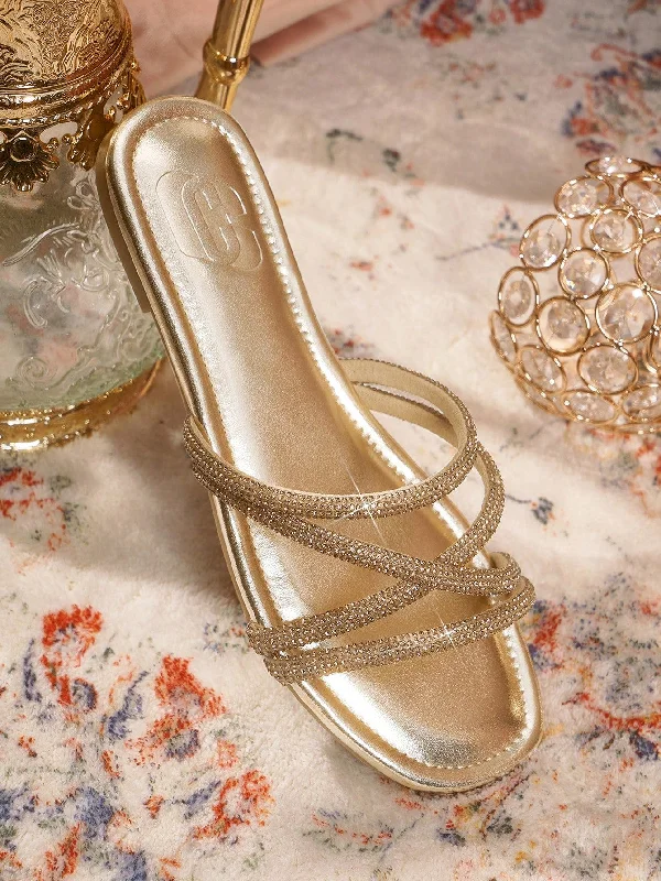 CUCCOO TILAWA Glamorous And Sparkling Champagne Colored Rhinestone Embellished Flat Sandals, Slip-Ons