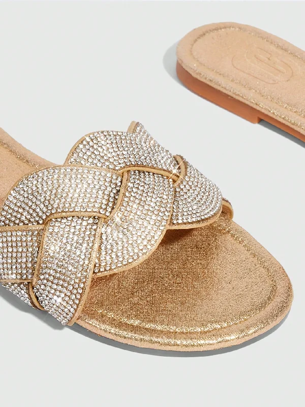 CUCCOO TILAWA Women's Flat Mule Sandals With Fashionable Light Gold Rhinestone Woven Design, Suitable For Commuting, Dating And Parties