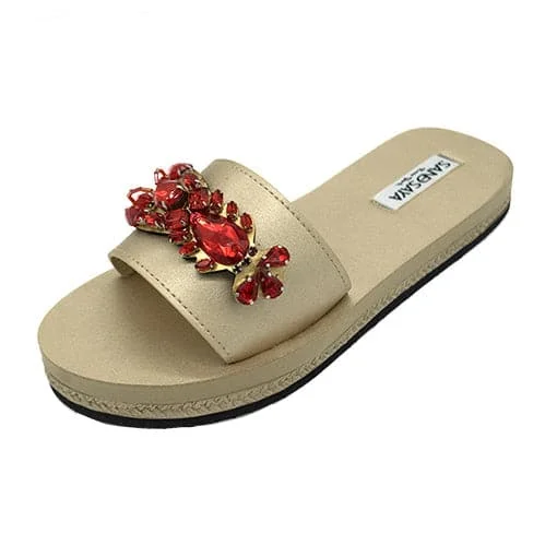 Lobster - Red Crystals Stone Embellished Waterproof Espadrille Flat Slides