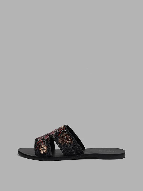 LUNA BLU Black Beaded Floral Embroidered Sandals