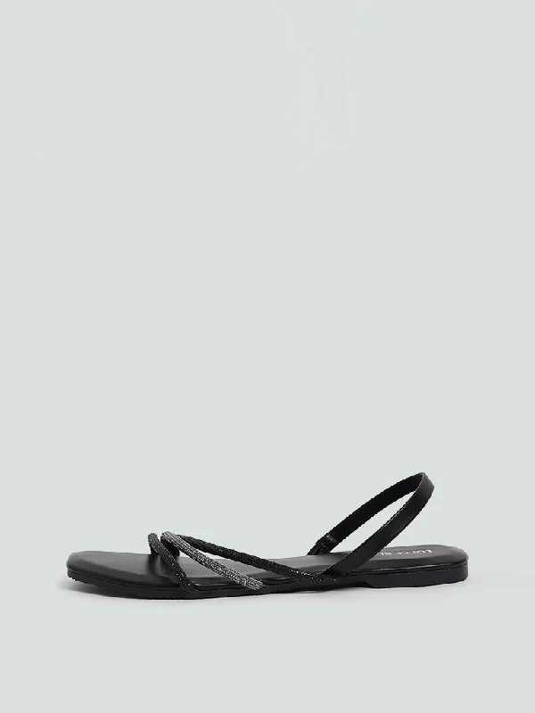 LUNA BLU Black Cross Strapped Diamante Sling Back Sandals