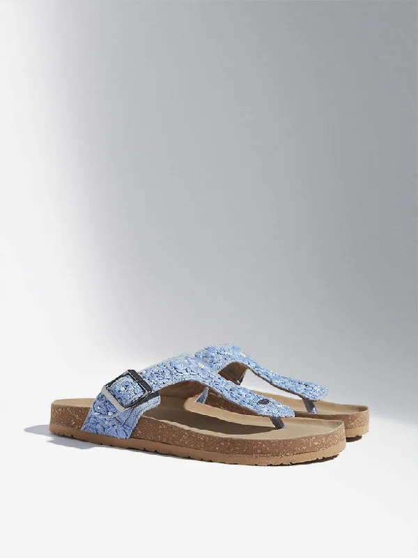 LUNA BLU Blue Floral Design T-Strap Cork Sandals