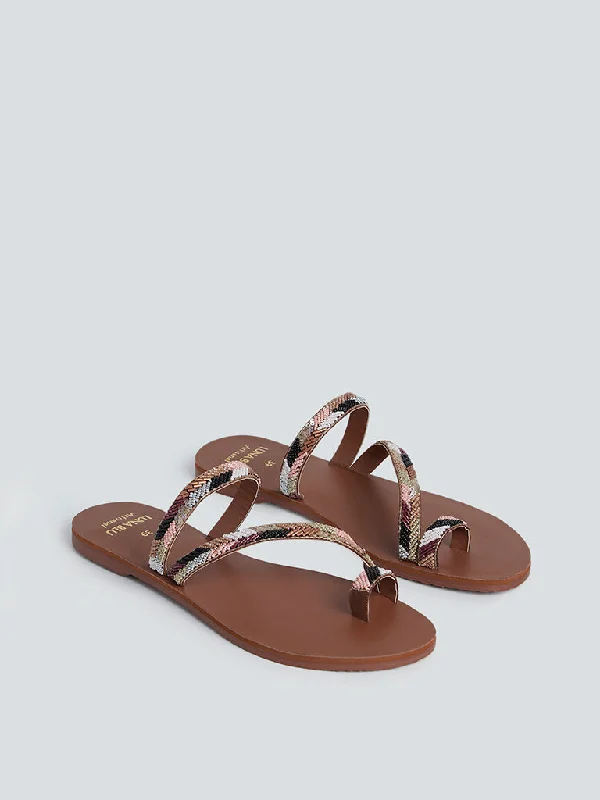 LUNA BLU Brown Sequin-Detail Artisanal Sandals