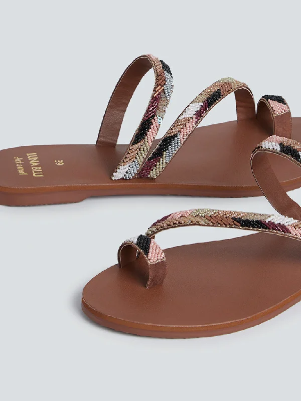 LUNA BLU Brown Sequin-Detail Artisanal Sandals