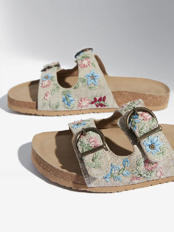 LUNA BLU Ivory Floral Embroidered Birken Slides