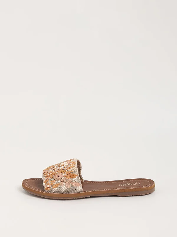 LUNA BLU Light Beige Embroidered Slides