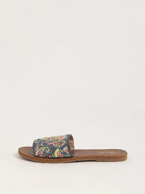 LUNA BLU Paisley Embroidered Blue Slides