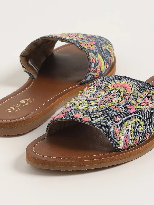 LUNA BLU Paisley Embroidered Blue Slides