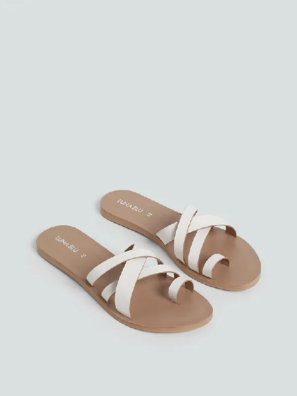 LUNA BLU White Cross Strap Toe Ring Slides