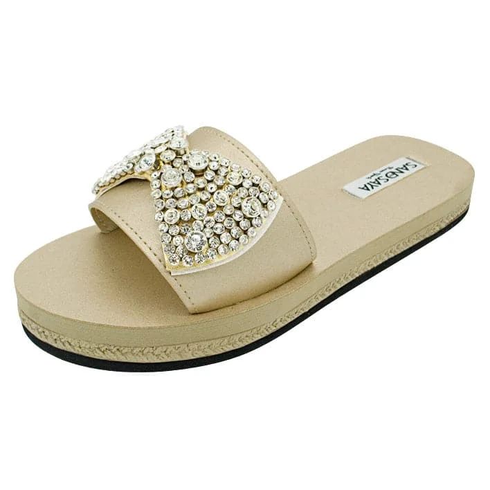 Madison- Crystal Stones Bow- Waterproof Espadrille Flat Slide Sandals for Women