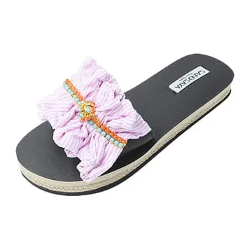 Pink Hudson - Stripe Ruffle With Rhinestone Waterproof Espadrille Flat Women