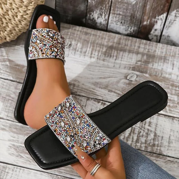 Women's Fashionable Rhinestone Flat Beach Slippers 54070274S